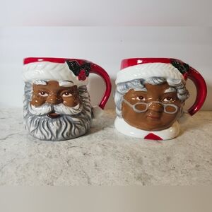 Sleigh Bell Bistro African American Santa & Mrs. Claus Ceramic Coffee Mugs NWOB